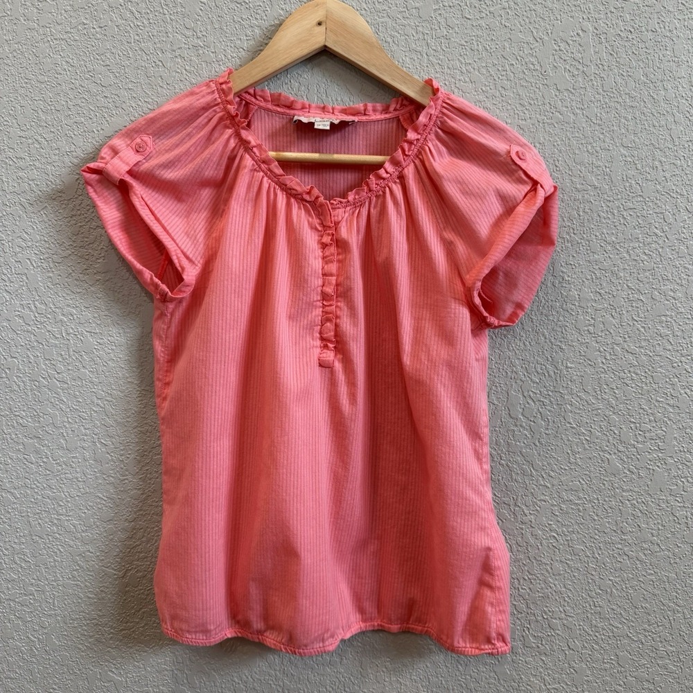 LOFT Cap Sleeve Blouse Pink Ruffle Neck Featherweight Henley